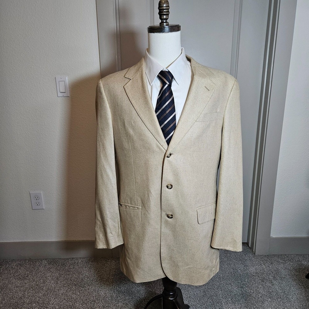 Jos A Bank Sport Coat Jacket Suit Blazer Men 42L 100% Silk Beige 3-Btn